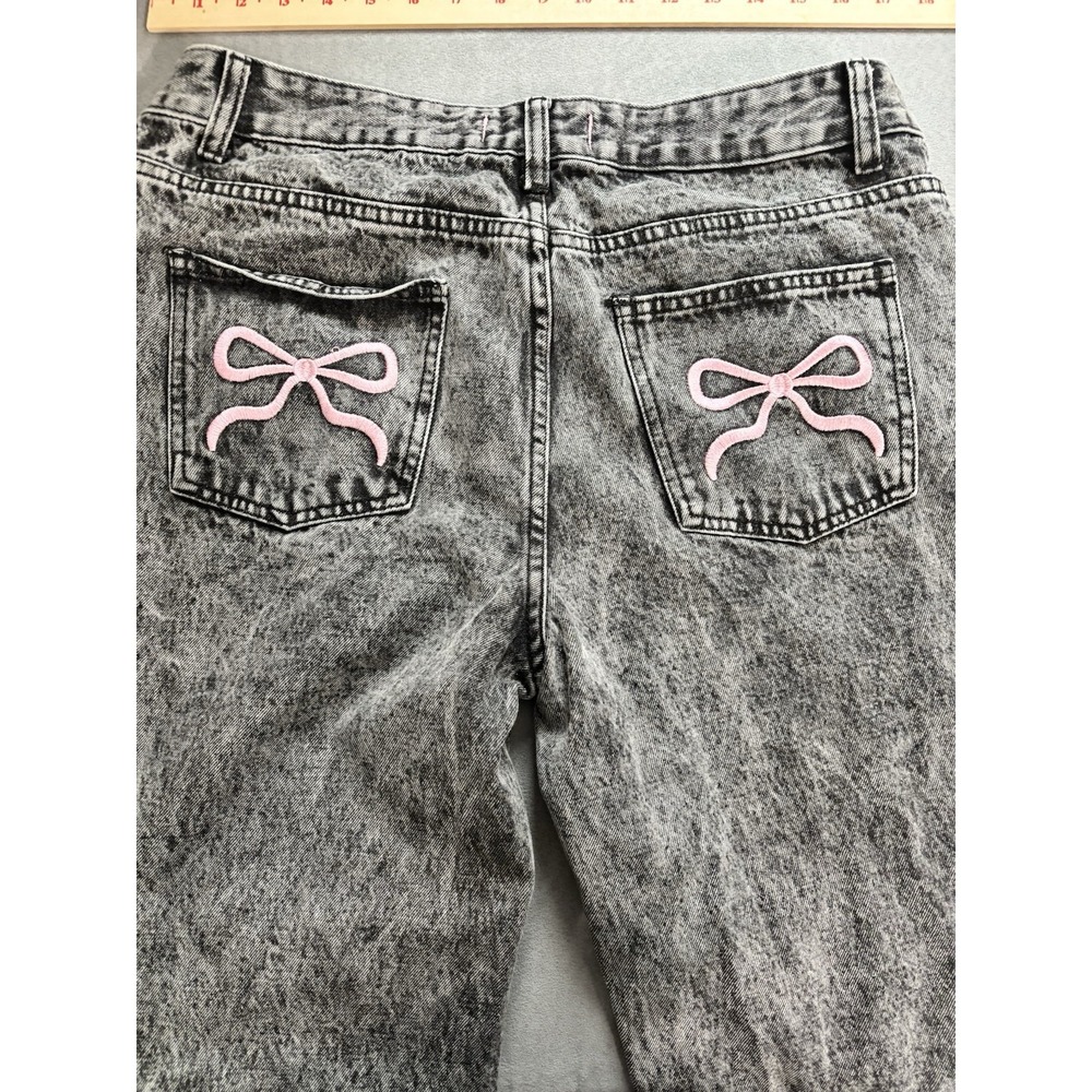 DISCLOSURE Women Wide Leg Baggy Pink Bow Jeans Size 13/31 Black Acid Wash Skater